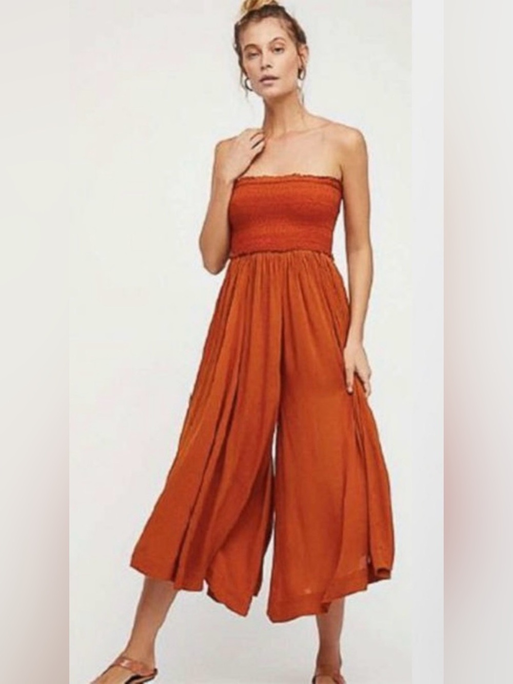 Free People Once Upon a Rainbow Pumpkin Orange Smocked Wide Leg Jumpsuit M